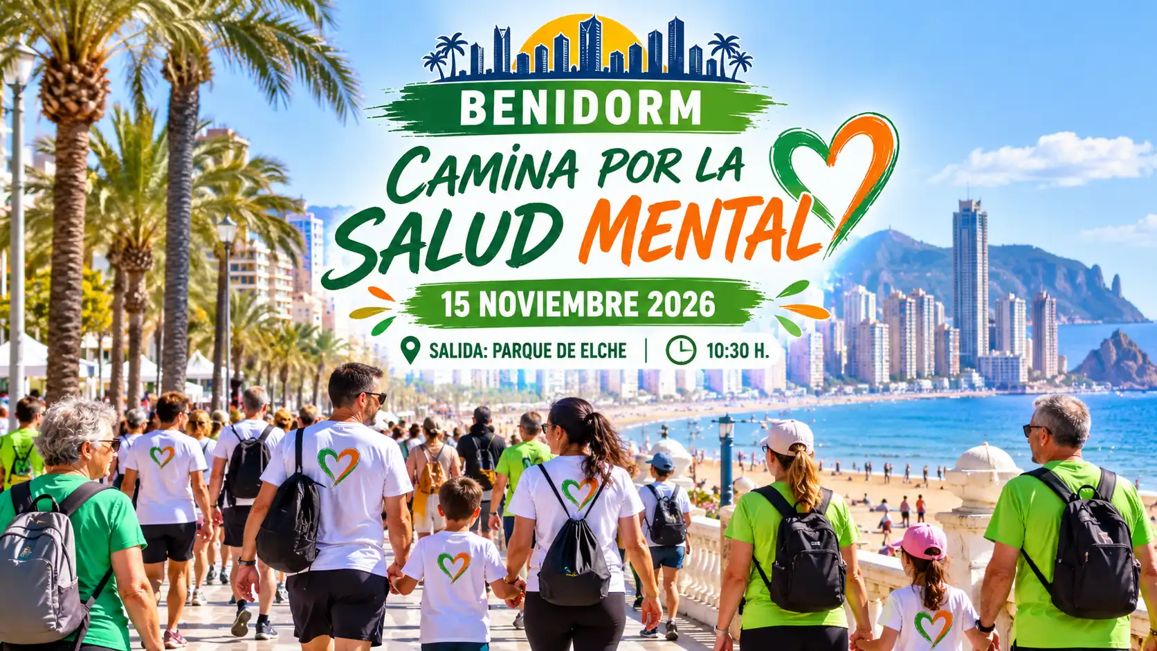 Ilustración editorial de personas caminando junto al litoral de Benidorm por la salud mental, 15 de noviembre de 2026
