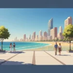 Ilustración del futuro espacio peatonal con árboles y bancos en Benidorm