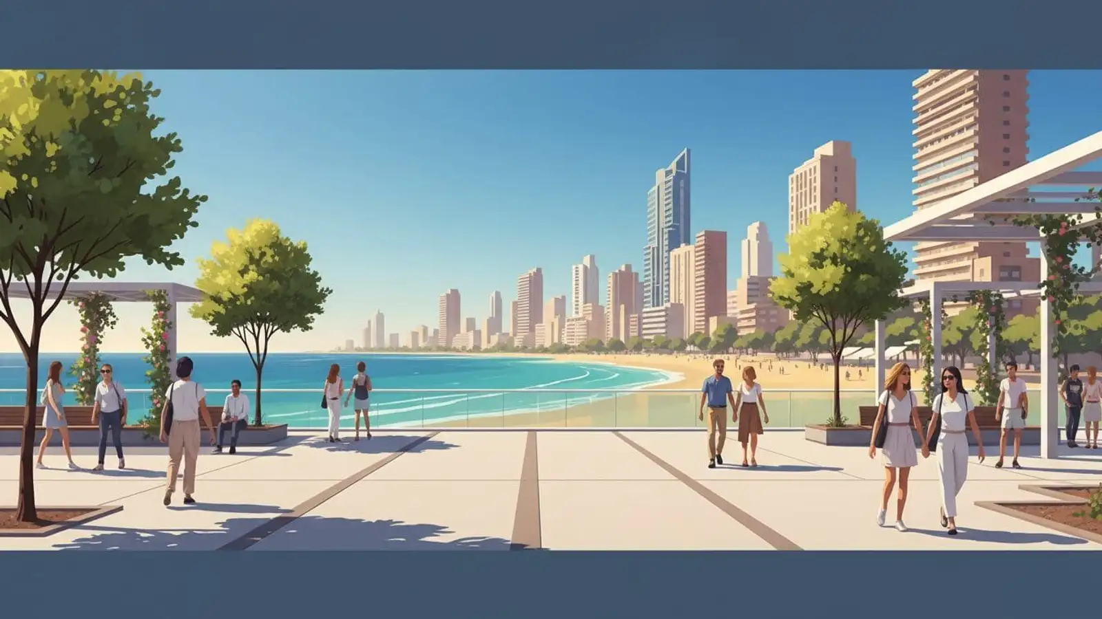 Avenida Emilio Romero - portada WebP Ilustración del futuro espacio peatonal con árboles y bancos en Benidorm