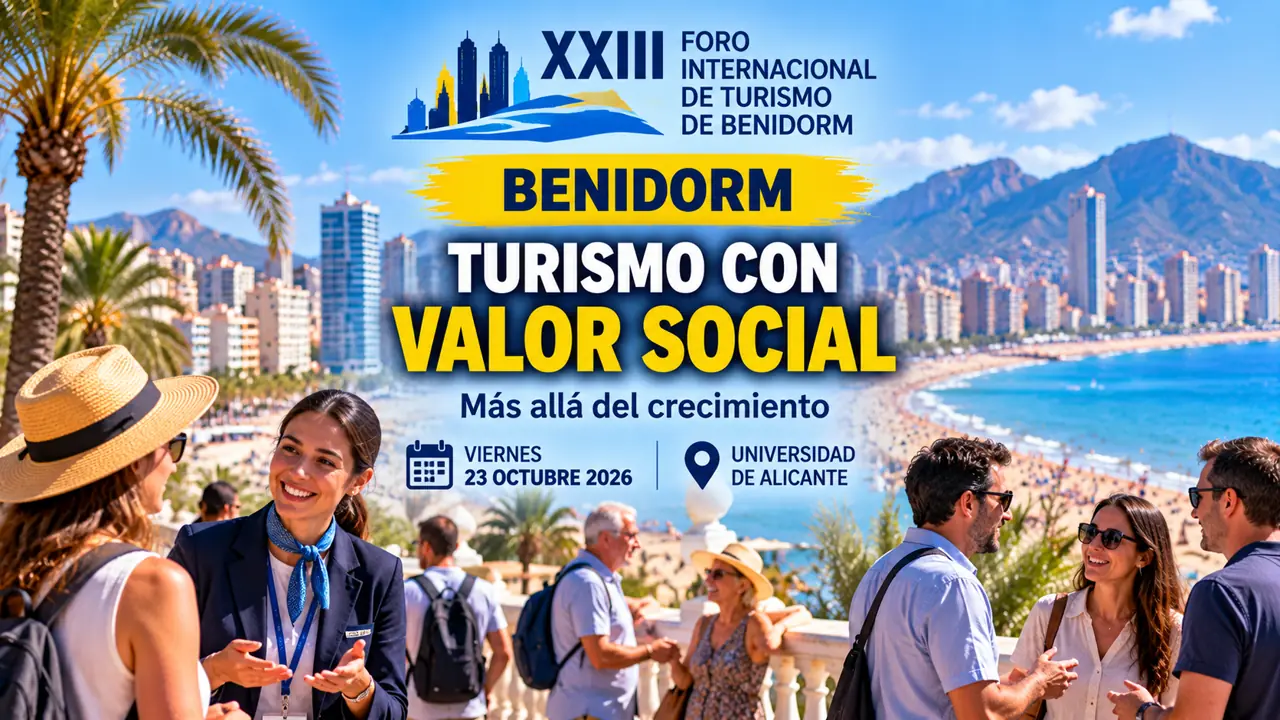 Imagen editorial ilustrativa sobre el turismo con valor social en Benidorm, con turistas y trabajadores junto al paisaje de la costa