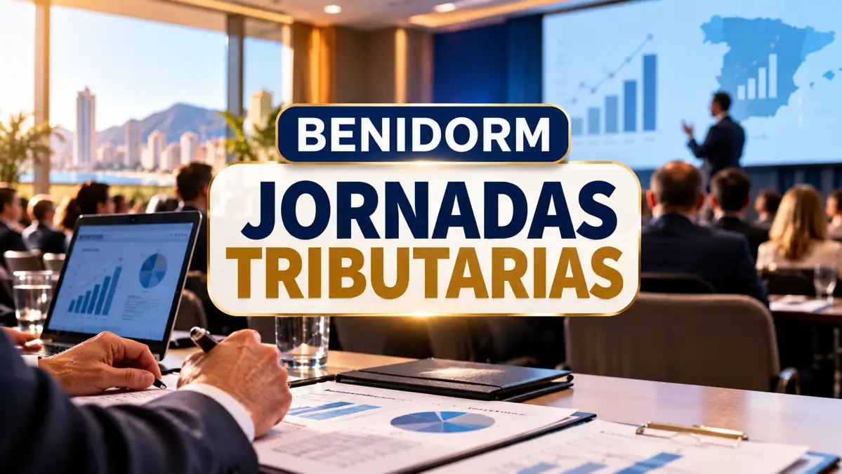 Benidorm III Jornadas Tributarias Ilustración de un encuentro profesional sobre fiscalidad en Benidorm con el texto Jornadas Tributarias